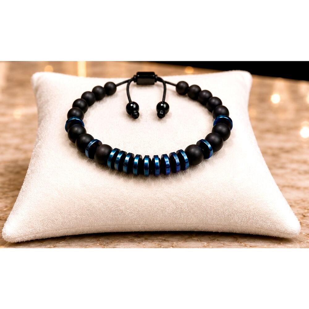 Unisex Beaded Bracelet Matte Black Onyx Blue Hematite